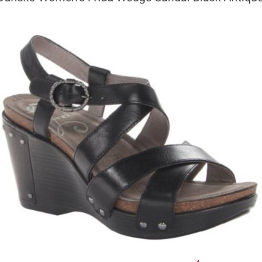 Dansko Frida Wedge Sandal Black Antique leather strappy w buckle size 39